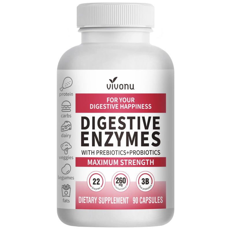VivoNu Digestive Enzymes | 22 Enzymes with Organic Prebiotics & Probiotics | Supports Digestion* of Protein, Carbs, Fiber & Dairy | 90 Capsules(90count/1pack) 90 Count (Pack of 1)
