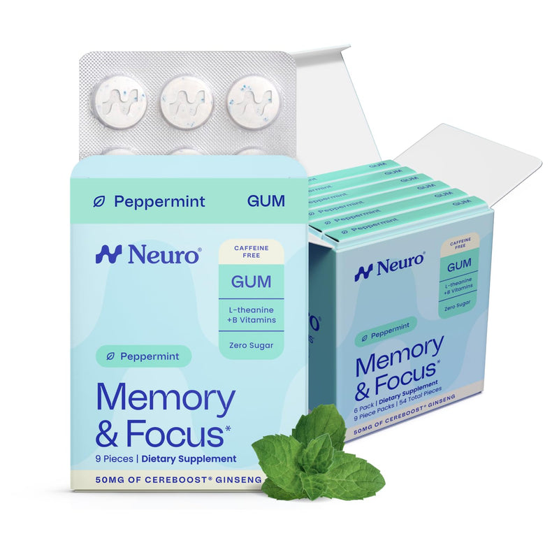 Neuro Memory & Focus Gum, Peppermint, 54 Count | Caffeine Free Brain & Memory Support Supplement, 50mg Cereboost Ginseng & 60mg L-Theanine, B Vitamins, Sugar Free & Vegan 54 Count (Pack of 1)