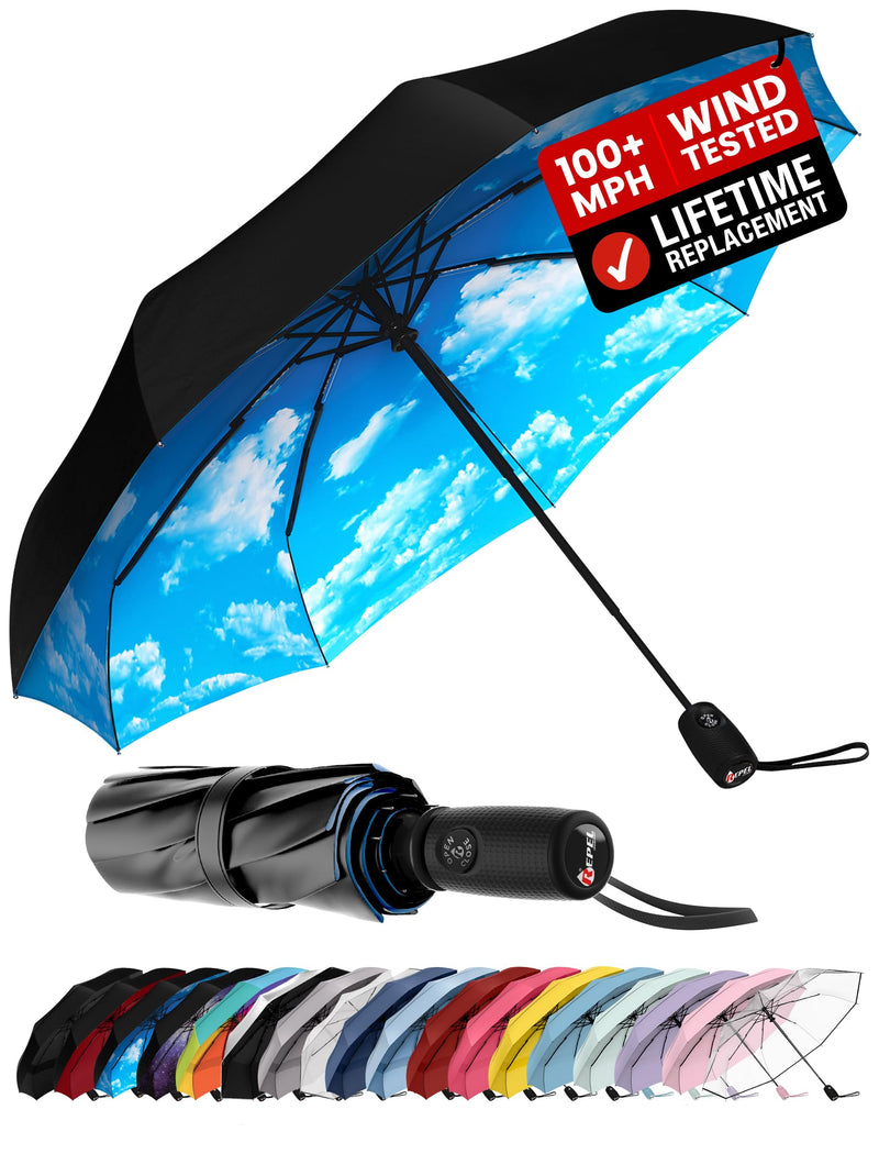 Windproof Travel Umbrella - Compact & Withstands Winds up to 100MPH, Strongest Premium Auto Folding Umbrella for Rain and Sun - Durable, Light & Portable for Women & Men, Fits Backpack & Cars Cloud Blue Standard