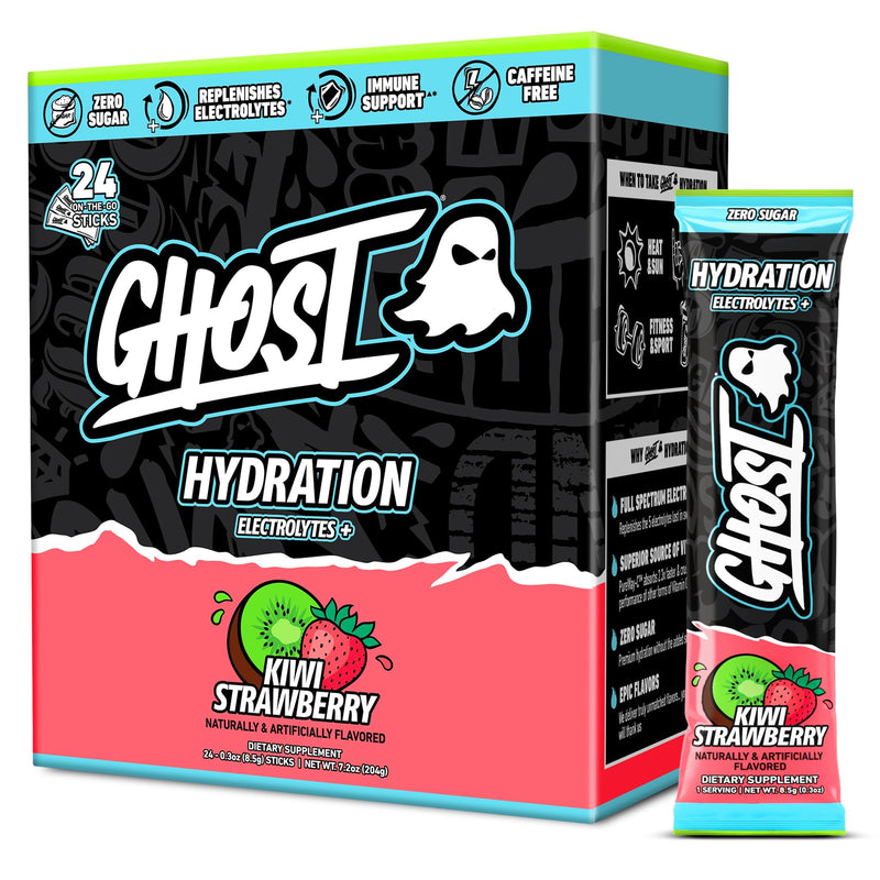 GHOST Hydration Sticks, 24 Electrolyte Powder Packets, Kiwi Strawberry | Sugar-Free Instant Electrolyte Drink Mix - Caffeine-Free Daily Hydration & Immune Support with Clean Formula Kiwi Strawberry (24 Sticks)