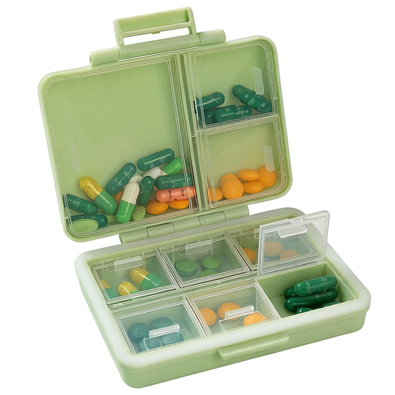 Travel Pill Organizer Moisture Proof Portable Vitamin Holder with 9Compartments, Compact Supplement Case for Purse Essential Medicine Kit fot,Pill Box to Hold Vitamins, Fish Oil, Cotton Swab(Green) Green