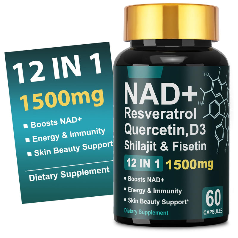 Dr.HR NAD+ Resveratrol Vitamin D3 Quercetin & Fisetin, Anti Aging NAD Supplements 1500mg for Women & Men Support Energy Skin Health Vitality & Immunity 60 Capsules