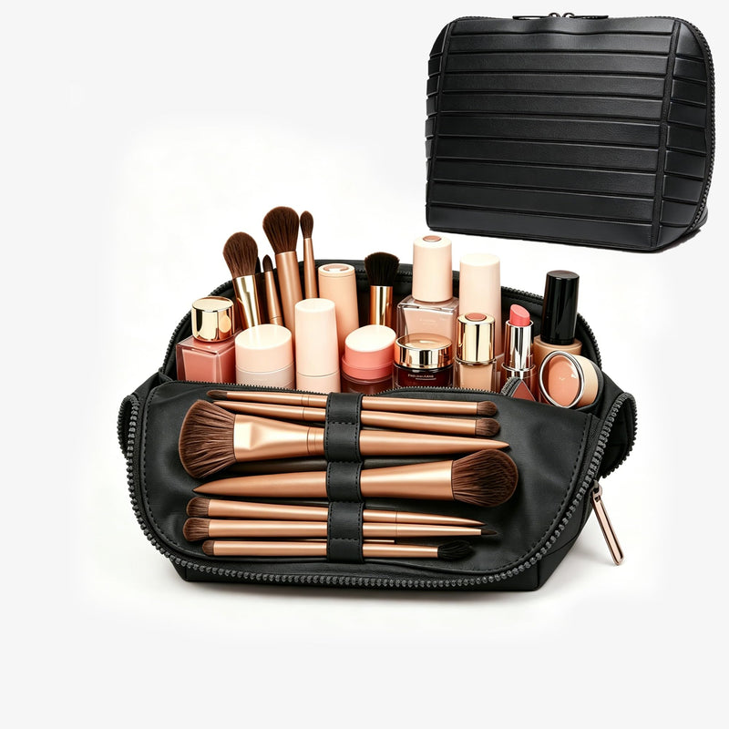 Travel parallel vertical Makeup Bag with Fold-Down Design and Adjustable Dividers,upright Cosmetic Toiletry Bags Black