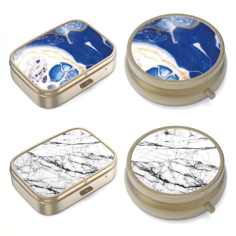 Pill Organizer Pill Box with Mirror Retro Small Pill Case for Purse or Pocket Bronze Pill Box or Vitamins, Fish Oil, Supplements, Pill Containe Travel Gifts（4PCS-Marble-White-Bule） 4 pieces Marble-white-blue
