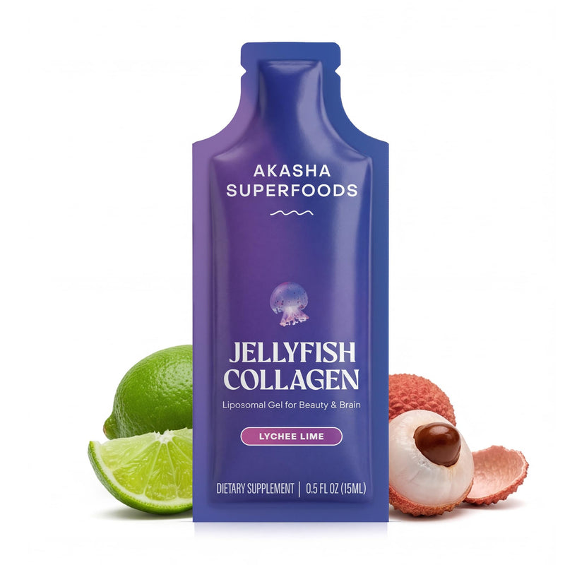 Akasha Superfoods Liposomal Jellyfish Collagen, Lychee Lime, 15 Packets | Type I, II & V Collagen Peptides, All 20 Amino Acids; Supports Skin Firmness, Memory & Focus; Single-Serve