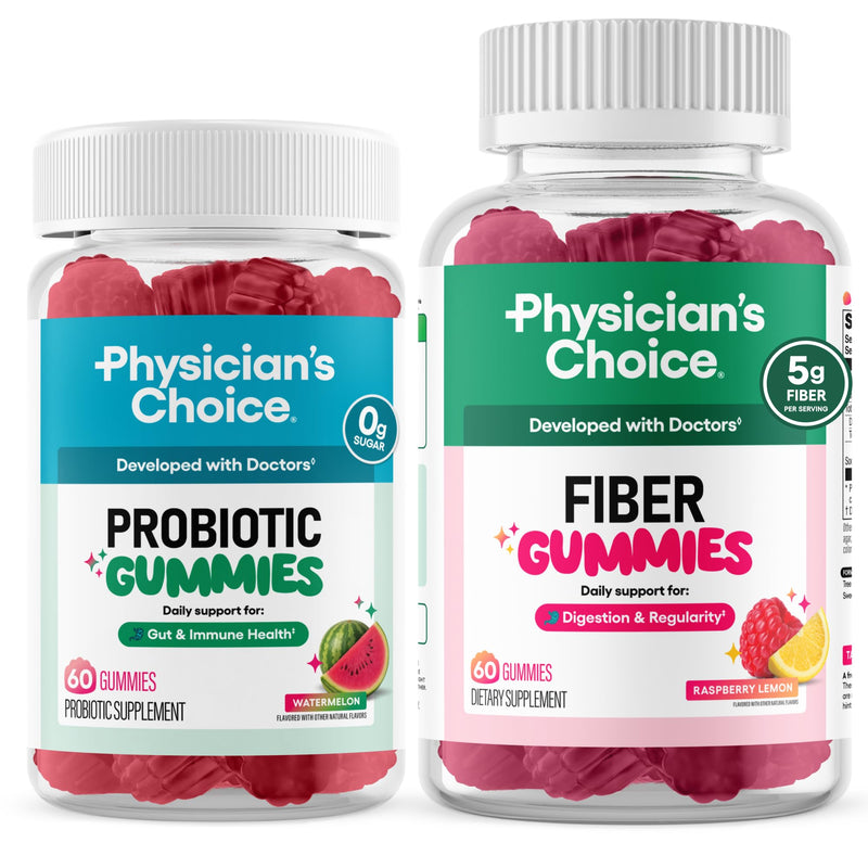 Physician's CHOICE Gut Gummy Bundle: Probiotic Gummies + Fiber Gummies - No Sugar Added & Vegan - Supports Digestive Health & Regularity for Women and Men