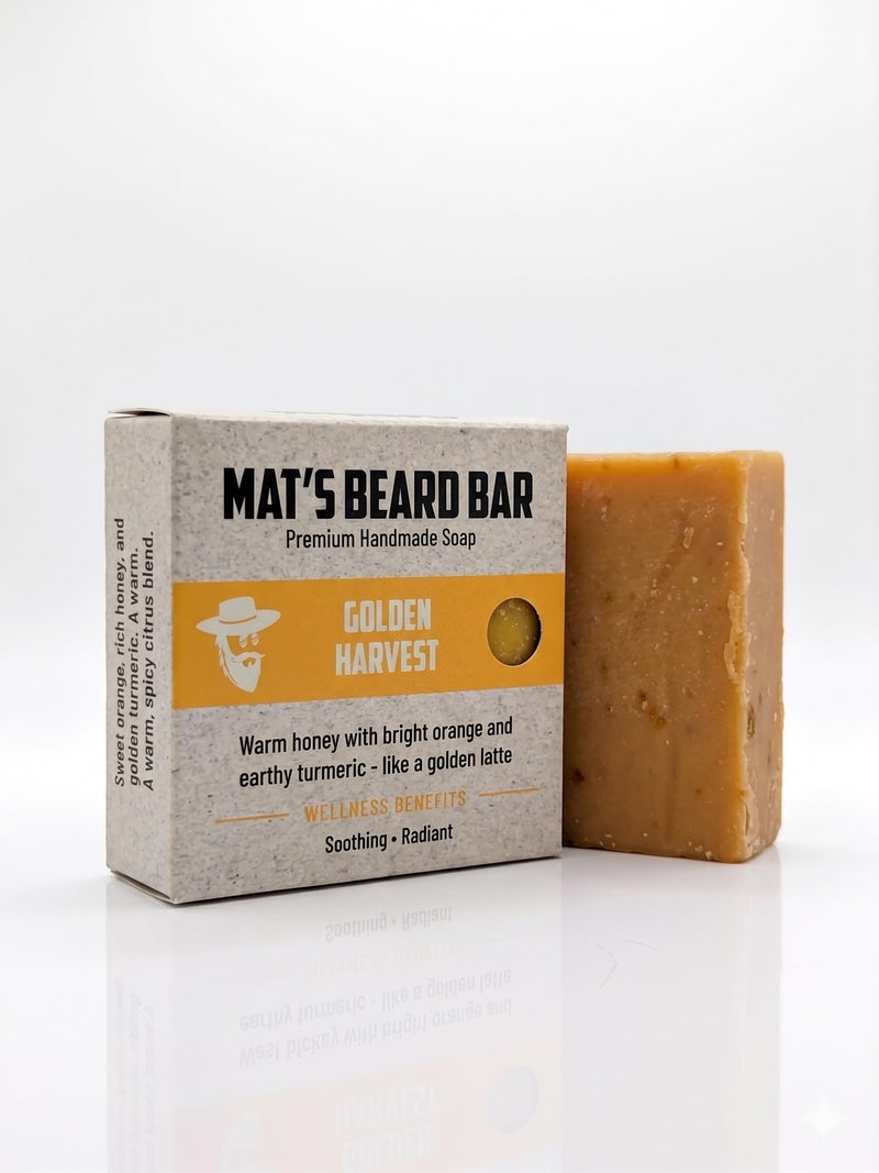 BEARD BAR Golden Harvest Bar Soap for Men – Mat's Natural Coconut Oil, Shea Butter, Olive Oil – Handmade Artisan Vitamin C Body & Face Soap – 4oz