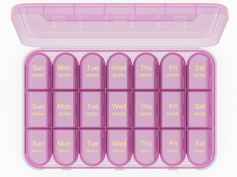 Daviky Pill Organizer 3 Times a Day, Daily Pill Box 7 Day, Weekly Cases Medicine Organizers to Hold Vitamins and Medication (Pink Purple) Pink Purple