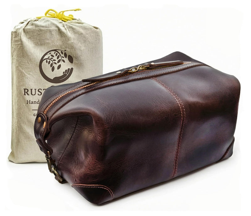 Leather Toiletry Bag for Men - Full Grain Travel Dopp Kit & Shaving Bag | Handcrafted, Spacious Compartment, YKK Zipper, TSA Carry-On, Waterproof Lining, Metal Feets, Makeup and Cosmetic Organizer Walnut Brown