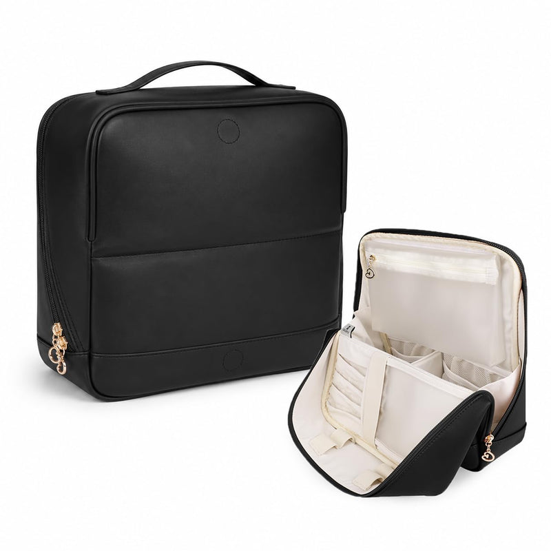 GIVLEFLY Standing Makeup Bag for Women, Large Travel Cosmetic Organizer | Standing travel makeup bag with divided storage, brush compartment, wide opening and water-resistant microfiber leather. Black