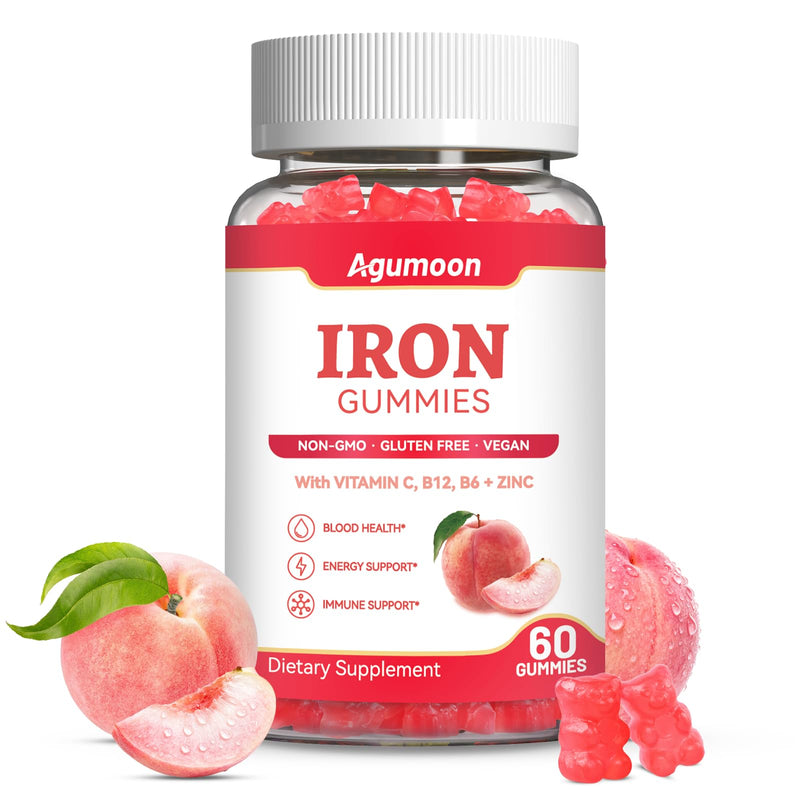 Iron Supplement Gummies for Women & Men - Iron Gummies with Folate Vitamin C B12 B6 Zinc - Health Blood & Energy Support & Immune Support for Adult, Peach Flavor, Vegan 60 Gummies