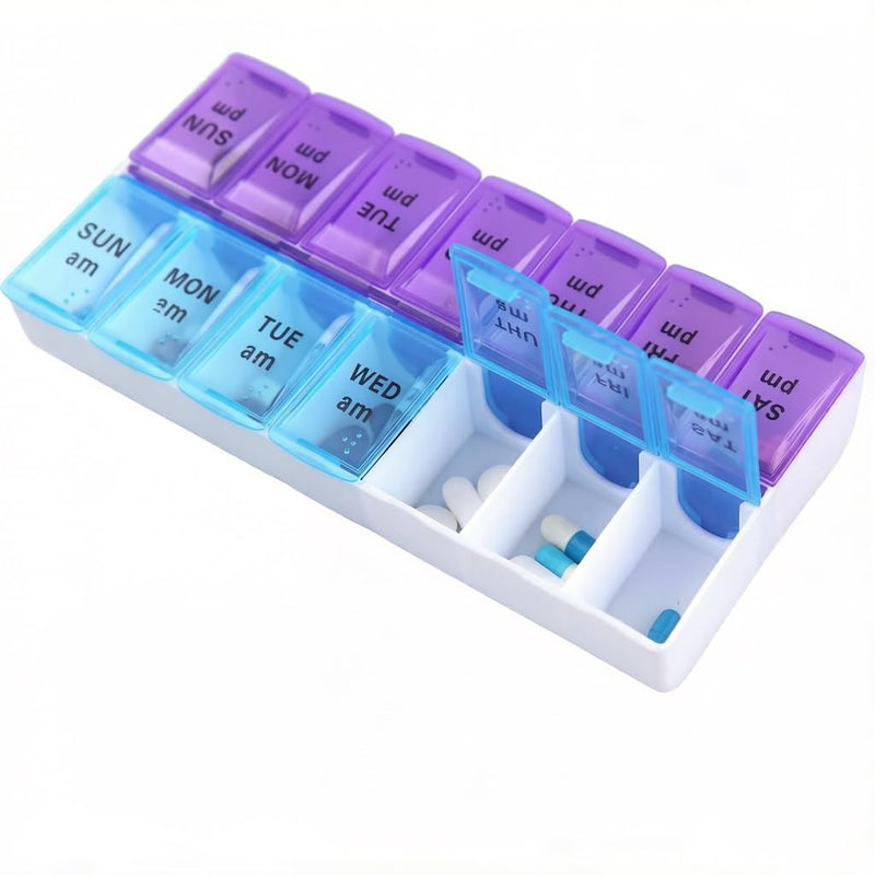 Pill Organizer,14 Compartment Weekly Portable Pill Dispenser Reminder,Travel Daily Pill Case Box Holder, Medication Planner for Vitamin,Medicine,Fish Oil,Supplements(Blue/Purple, Large) Blue/Purple