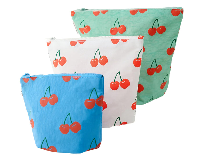 Zipper Pouch 3 Piece Set Diaper Bag Organizer for Baby Essentials | Stand up gusseted nylon pouches that fold flat when empty. Reusable on the go travel storage for snacks clothes toys and more Cherries