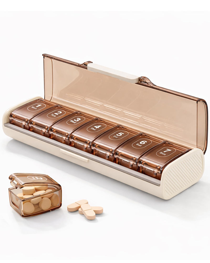 7 Day Pill Organizer, Travel Weekly Pill Box, 7 Removable Daily Cases | Travel-ready vitamin organizer with Easy Open access, BPA-Free, large capacity, Triple Moisture Protection, Brown White.