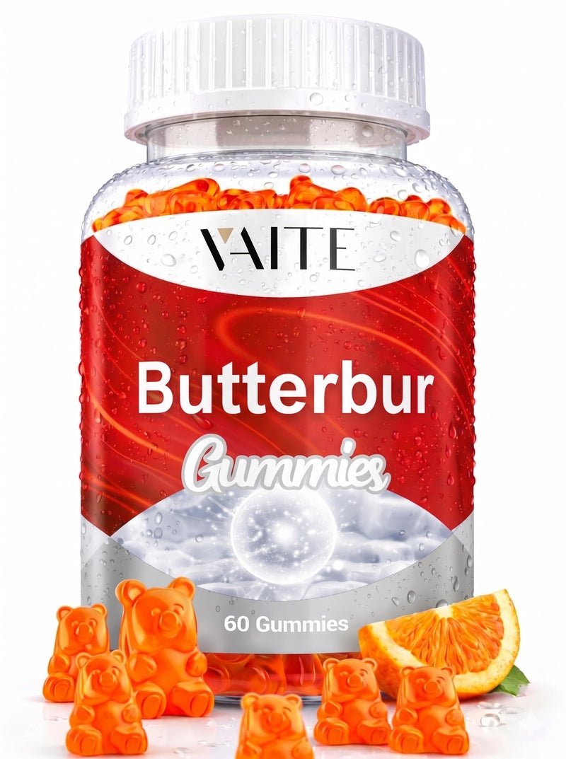VAITE Butterbur Extract 9-in-1 Herbal & Mineral Complex with Riboflavin B2, Magnesium Glycinate, Feverfew, L-Theanine, Ginger, Turmeric, Quercetin & Black Pepper – Vegan, Non-GMO, 60 Gummies