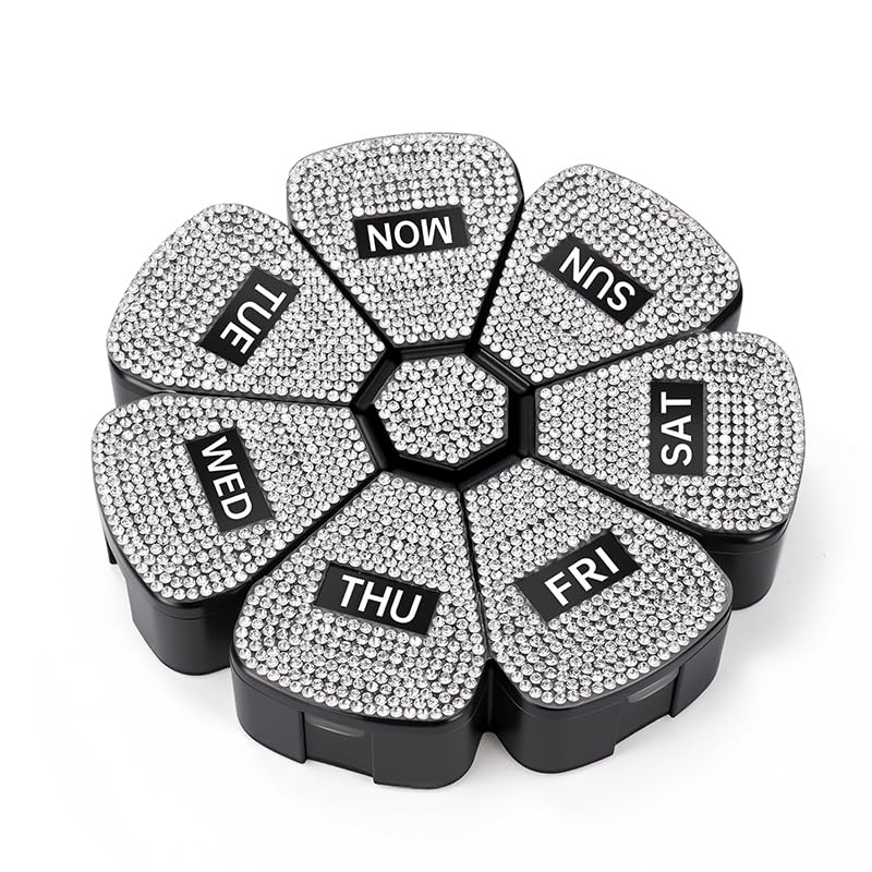 Diamond Weekly Pill Organizer, Pill Box 7 Day, Plusmile Daily Vitamin Case Large Capacity Compartments, Pill Containers for Fish Oil Medicine Supplements (Black) Black