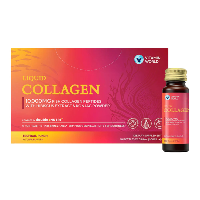Vitamin World Liquid Collagen 10,000 mg, 2.03 fl oz x 10 Bottles | Marine Collagen Beauty Shot with Ceramides & Hibiscus Extract, Skin Hydration & Elasticity Support, Collagen Drink for Women