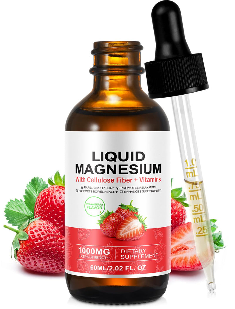 Magnesium Liquid, Magnesium Glycinate Liquid with Cellulose Fiber & Vitamins for Adults, 1000MG Extra Strength Sugar Free Vegan Non-GMO Complex Supplement, Strawberry Flavor, 60 Servings