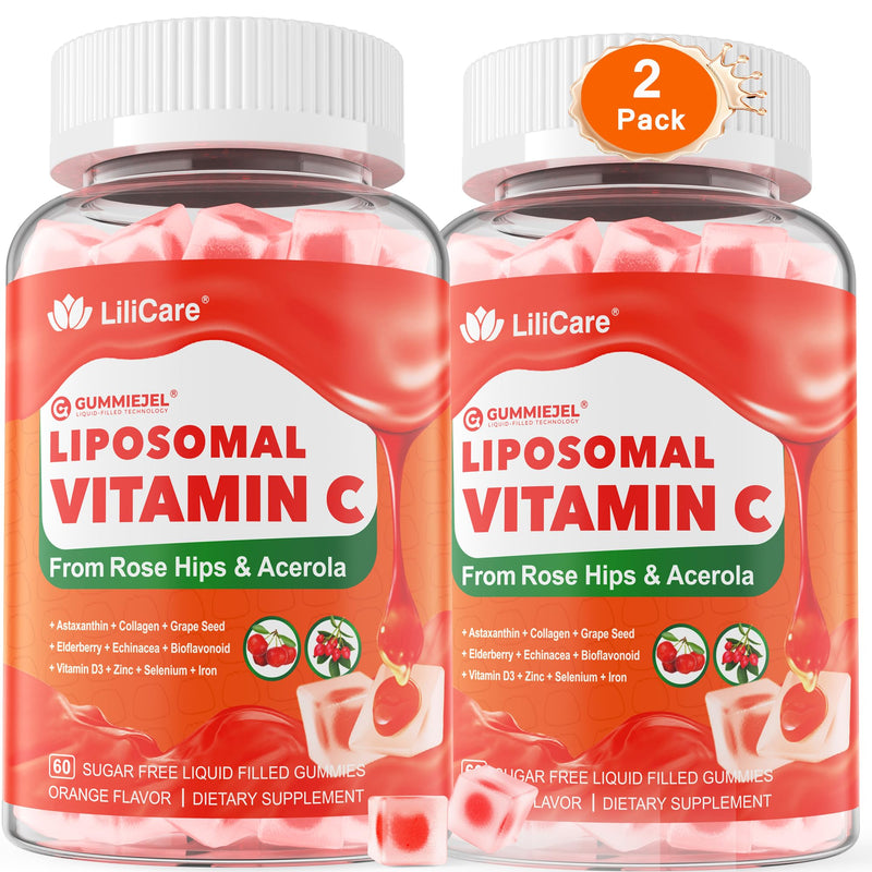 Natural Liposomal Vitamin C 1000mg Gummies for Adults & Kids 9+, Vitamin C w/ 11mg Zinc, D3, Elderberry, Echinacea, Bioflavonoid, Immune Support, Whole Food VIT C from Fruits, Sugar Free, 2 Pack 60 Count (Pack of 2)
