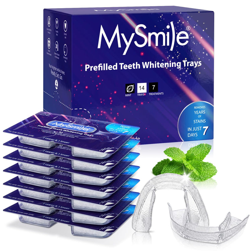 MySmile Prefilled Teeth Whitening Trays Kit, with 12% Hydrogen Peroxide Whitening Gel to Teeth Whitening for Sensitive Teeth, No Mess U-Wrap Design, Fast-Result, Enamel-Safe, Mint Flavor, 7 Treatments