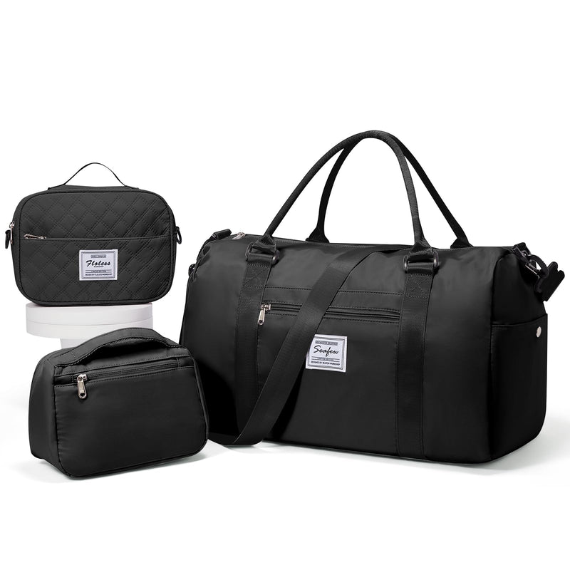 Gym Bags with Shoes Compartment,Personal Item Travel Duffel Bag Black | Travel Duffel Bag with Toiletry Bag Carry On Tote Bags Weekender Overnight Bag for Travel Essentials and Travel Accessories D1-Black+2Pcs Toiletry Bag