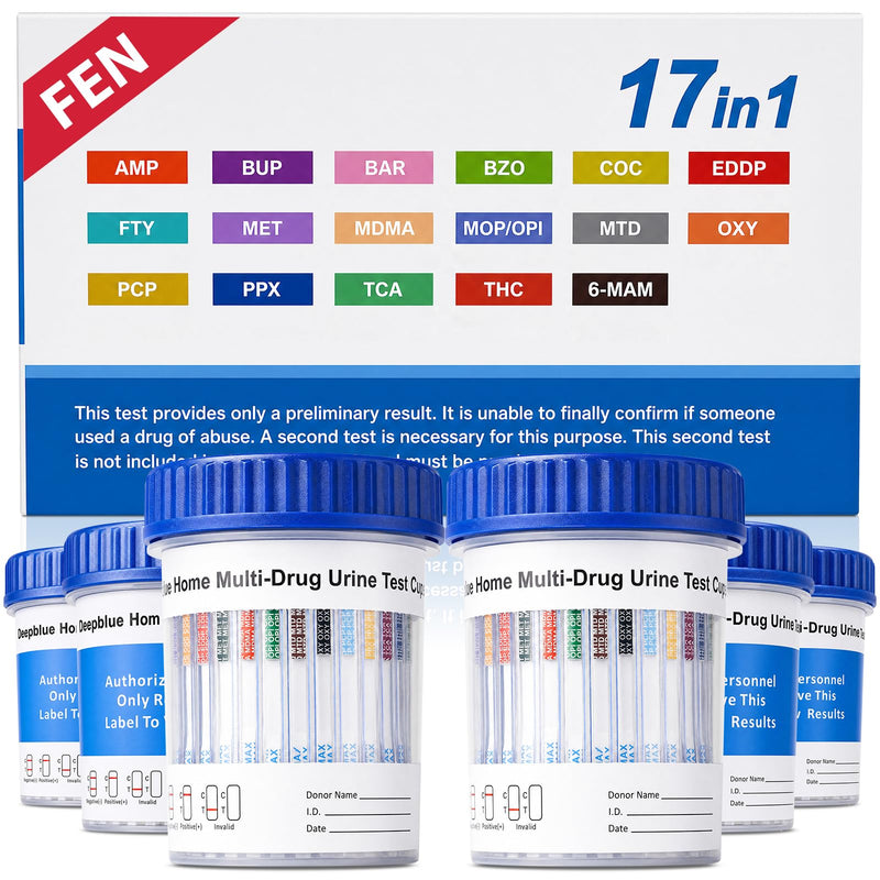 DEEPBLUE Multi-Drug Urine Test Cup Kit, 17 Panel, OTC Home Use, 5 Minute Results(6pcs) | At Home Drug Test Kit, Tests for THC, OPI, AMP, BAR, BUP, BZO, COC, mAMP, MDMA, MTD, OXY, PCP, EDDP, FYL, 6-MAM, PPX, TCA 6pcs