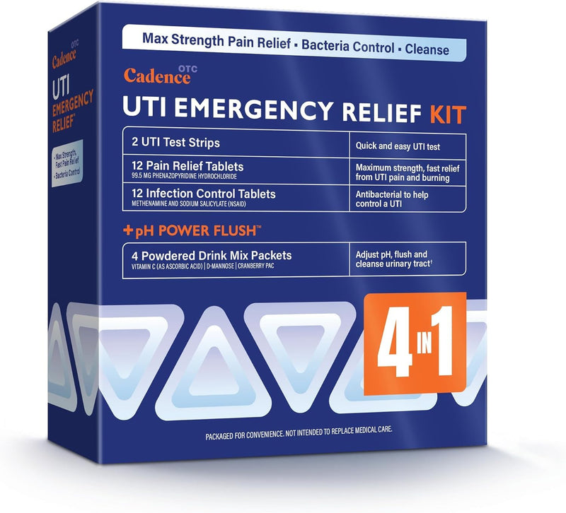 Complete 4-in-1 UTI Emergency Relief Care Kit Comes with 2 Urinary Tract Infection Test Strips, 12 UTI Maximum Strength Pain Relief Tables, 12 Infection Control Tablets and Proprietary pH Power Flush