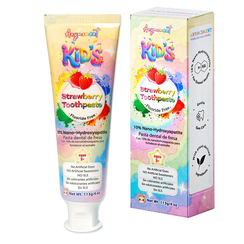Anymoment Kids Toothpaste, 10% Nano Hydroxyapatite, Fluoride Free, 4 oz | Natural Strawberry Flavor for Ages 2+, SLS Free with Xylitol, Probiotics & Vitamin E Pack of 1