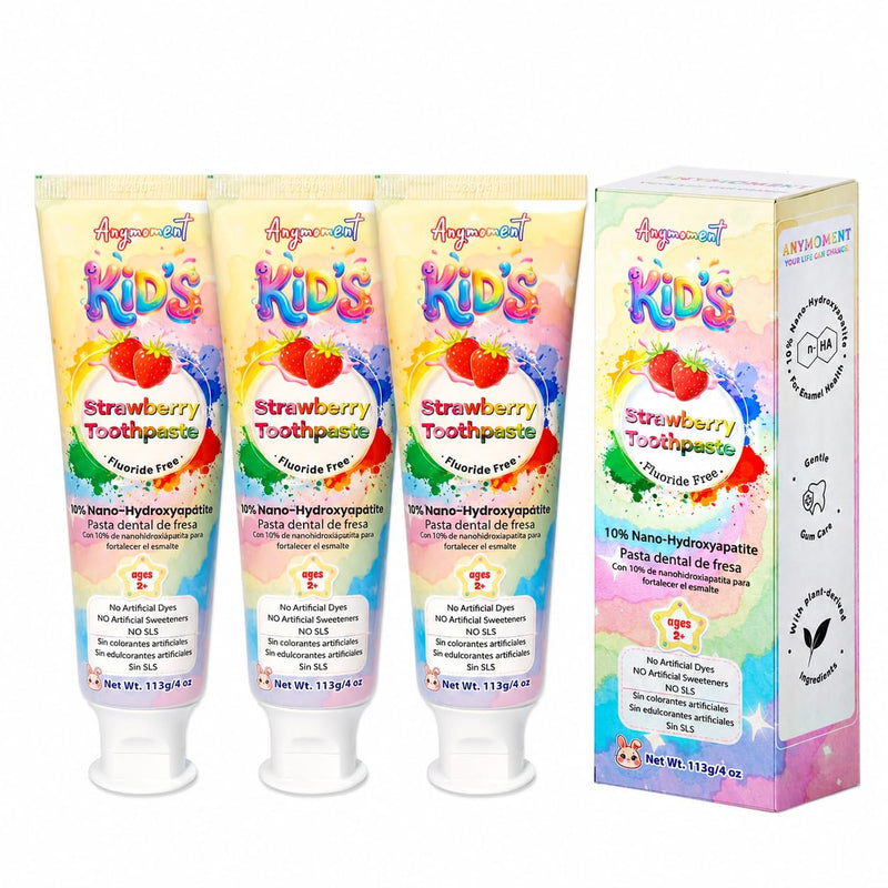 Anymoment Kids Toothpaste, 10% Nano Hydroxyapatite, Fluoride Free, 3-Pack | Natural Strawberry Flavor for Ages 2+, SLS Free with Xylitol, Probiotics & Vitamin E Pack of 3