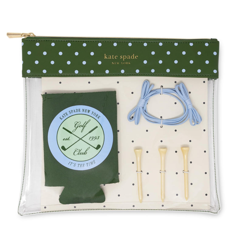 kate spade new york Outdoor Fun Golf Pouch Set, Lexington Dot | Clear and Green Polka Dot Travel Pouch with Drink Hugger, 3 Wooden Golf Tees & 2 Hair Ties, Zipper Bag with Leatherette Trim