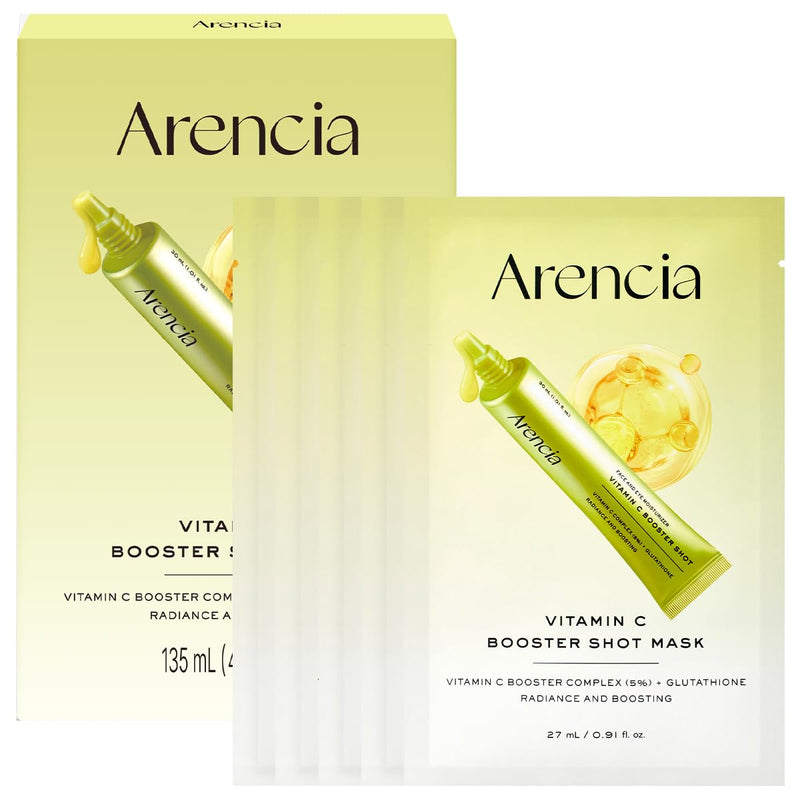 ARENCIA Vitamin C Booster Sheet Mask, Hydrating Face Mask with Glutathione & Niacinamide, Supports Even-Looking Skin Tone & Smooth Texture, 5 Sheets