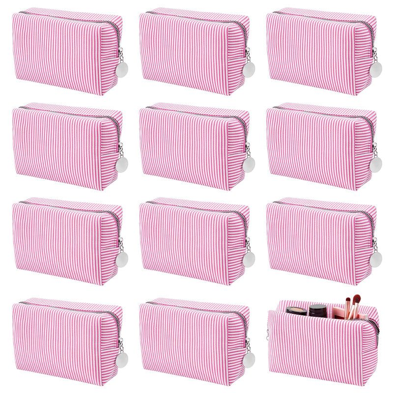 12Pcs Seersucker Makeup Bag Bulk Striped, Seersucker Cosmetic Bags Women, Large Travel Toiletry Bag Makeup Organizer Purse, Preppy Cosmetic Pouch for Wedding Bridesmaid Mom Gift (Pink) Pink 12
