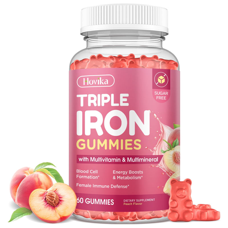 Iron Gummies for Women, Triple Iron Supplement with Multivitamin Iron Gummies with Vitamin C, A, B, Folate, Copper, Zinc for Energy & Blood Support, Immune Health, Vegan Peach, Flavor 60 Counts 60 Count (Pack of 1)
