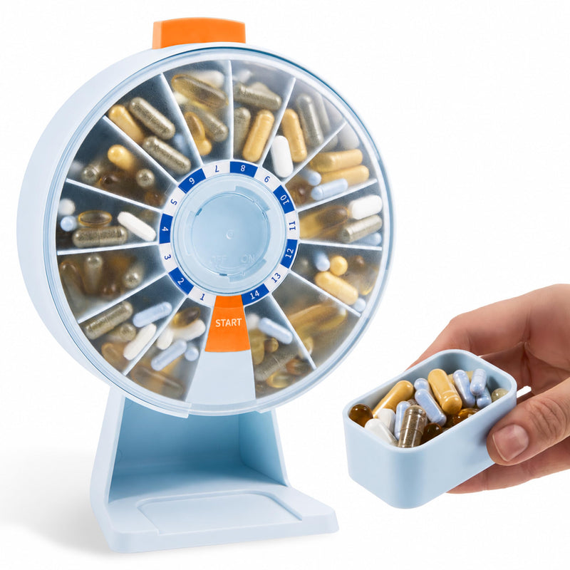 Pill Dispenser 14 Day – Rotating Medicine Organizer Wheel with Push Button, Wall Mounted or Desktop Manual Pill Dispenser for Elderly & Seniors, Large Capacity Vitamin & Medication Organizer Blue