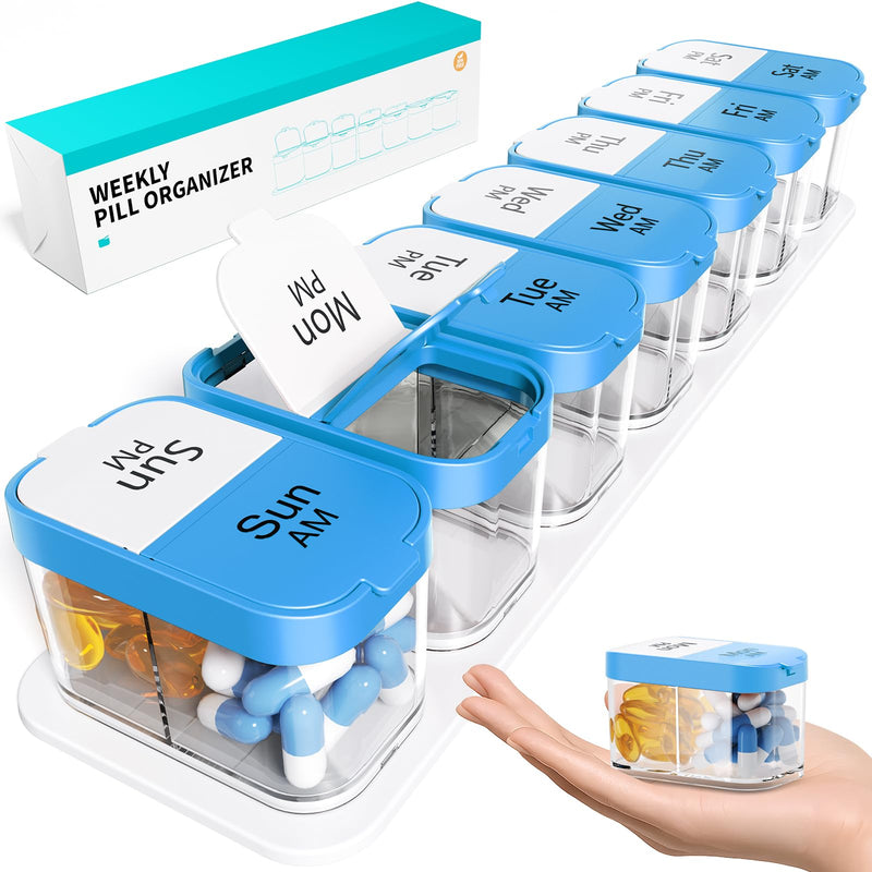 Odaro Extra Large Weekly Pill Organizer 7 Day AM PM, Blue | XL Jumbo Medicine Pill Box 2 Times A Day, Holds Daily Medicine Vitamin & Supplements, Big Font，Removable Slots, Easy Open
