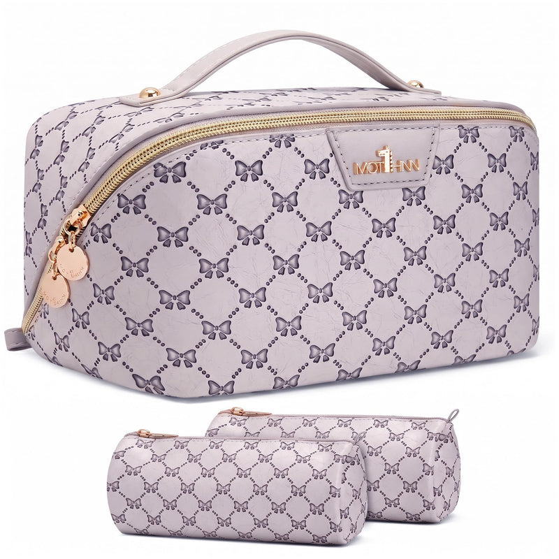 Travel Makeup Bags for Women: 3 Pcs Set Luxury Bow Print Make up Bag - Large Capacity Cute Cosmetic Case - 3–15 Day Travel Toiletry Organizer Bag, Comes with An Gift Box(Moon mist gray) 07 Moon mist gray