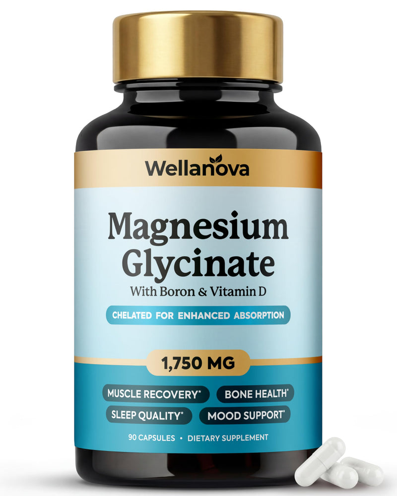 Magnesium Glycinate (Chelated) 1,750 mg – Supplement to Support Stress | Stress Relief, Sleep, Muscle Relaxation & Recovery, With Boron & Vitamin D3, High Absorption, For Women & Men, 90 Capsules