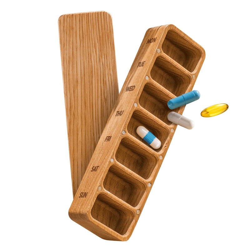Makety Wooden Pill Organizer, Rectangular Oak Pill Box with Magnetic Lid, 7 Day Vitamin Case, Natural Finish, Plastic-Free (L) L