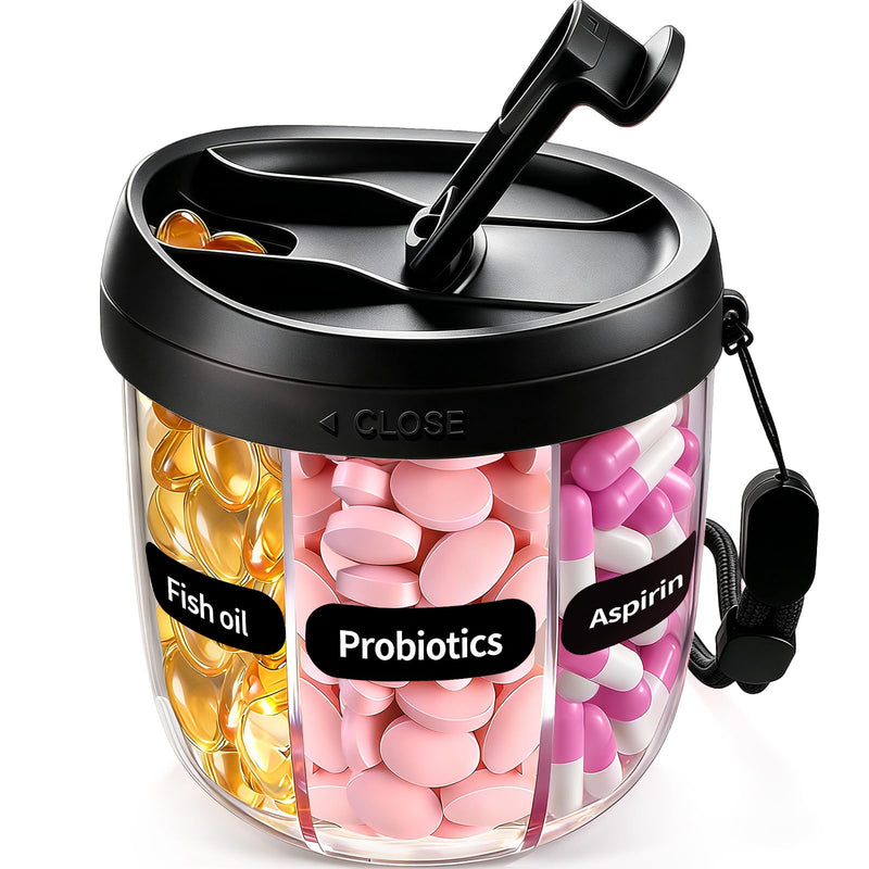 Pill Organizer,Travel Essentials Pill Container, Travel Pill Dispenser with Black Lid，Pill Case Having 7 Large Compartments,Vitamin Organizer for Home Organization,Travel Containers