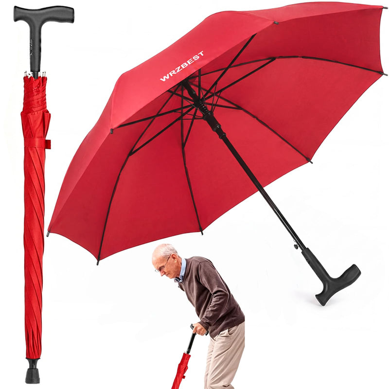 2-in-1 Walking Sticks Umbrella - Windbreak Ribs Walking Cane Umbrella Lightweight, Windproof, Heavy-Duty Frame- Ideal Father's Gift for Climbing, Hiking, Hanging Out on Raining Red
