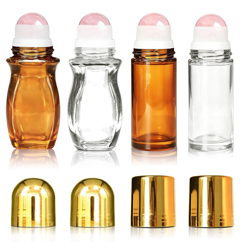 4 Pack 50ml Rose Quartz Roller Waist Bottles for Castor Oil | Refillable Amber Glass Roll-On Bottles with Natural Crystal Roller Balls,Leak-Proof Gold Caps for Essential Oils, Perfume 4 Pack