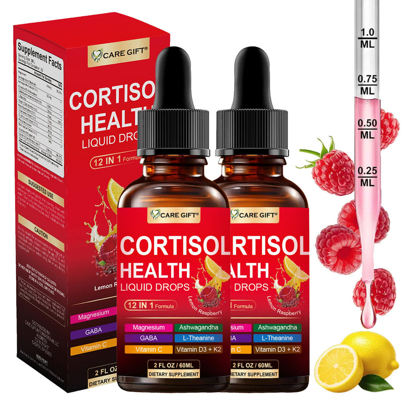 2 PCS Cortisol Liquid Drops 12-in-1 Cortisol Support Supplement with Magnesium Glycinate Ashwagandha L-Theanine GABA Cortisol Reducer for Sleep Stress Support- 2 Fl Oz 0.07 Fl Oz (Pack of 60)
