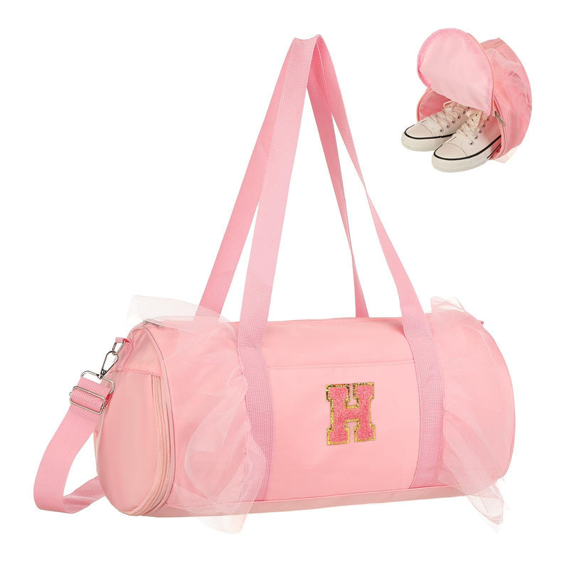 Dance Bag, Personalized Initial Letter Lace Yoga Bag with Adjustable Strap & Shoes Compartment, Small Cute Ballet Travel Duffel Tote Pink & H-Fitting(Ballet/Yoga/Travel Duffel) Pink-H