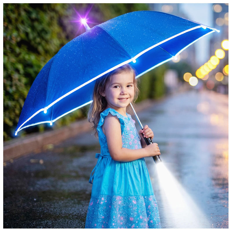 32 Inch Auto Open Umbrella with Built-in LED Light, Windproof Handheld Sun Rain Umbrella with Bottom Flashlight and Safety Reflective Strips, Portable Daily Use for Adults Blue