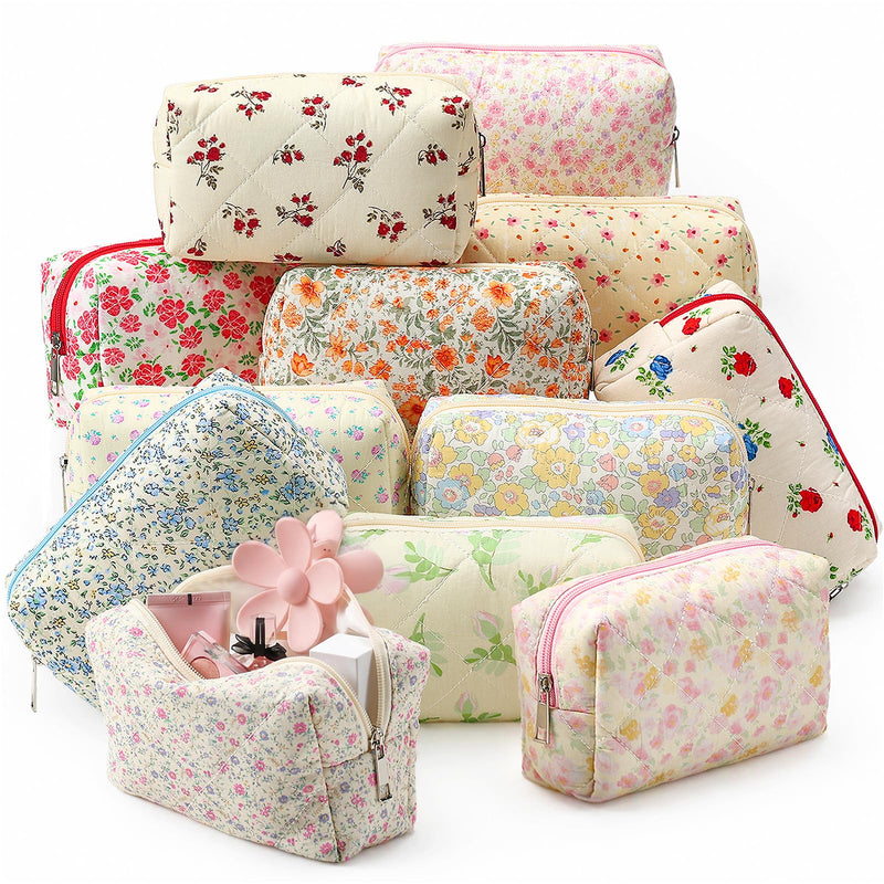 Paterr 12 Pcs Quilted Makeup Bags Bulk, Cotton Floral Cosmetic Bags, Aesthetic Makeup Pouch, Travel Toiletry Bag, Quilted Pencil Pouch, Floral Emergency Bag with Zipper for Women Bridesmaid Gifts