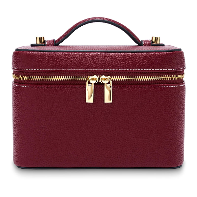 PU Leather Travel Makeup Bag Hard Cosmetic Organizer Vanity Case for Women | Water-resistant exterior wipes clean instantly. Sturdy box structure protects delicate cosmetics and glass skincare bottles Burgundy