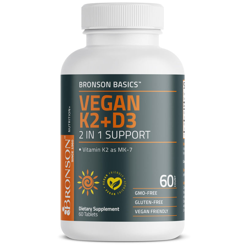 Bronson Vitamin K2+D3 2 in 1 Support Vitamin K2 as MK-7, 60 Tablets | Vegan 2-in-1 Bone & Heart Health Support Formula, Gluten Free, Non GMO 60 Count (Pack of 1)