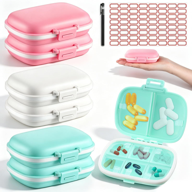 Layhit 6 Pcs Travel Pill Organizer Bulk with Labels Portable Daily Pill Dispenser 8 Compartments Medicine Storage Case for Vitamins, Fish Oils, Supplements (White,Pink,Blue) White,pink,blue