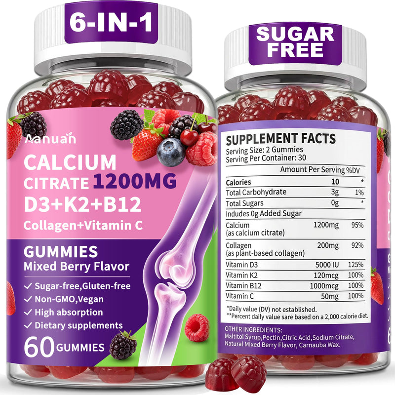 (2 Pack) Calcium Citrate 1200 mg Gummies with Collagen, Vitamin C D3 K2 B12 | Calcium Supplements For Women For Bone, Teeth & Muscle Healthy, High Absorption, Sugar Free, Vegan, Non-GMO, Berry Flavor 60 Count (Pack of 2)