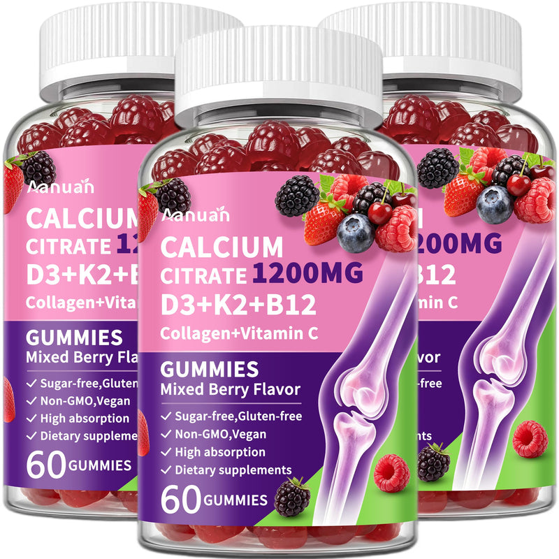 (3 Pack) Calcium Citrate 1200 mg Gummies with Collagen, Vitamin C D3 K2 B12 | Calcium Supplements For Women For Bone, Teeth & Muscle Healthy, High Absorption, Sugar Free, Vegan, Non-GMO, Berry Flavor 60 Count (Pack of 3)